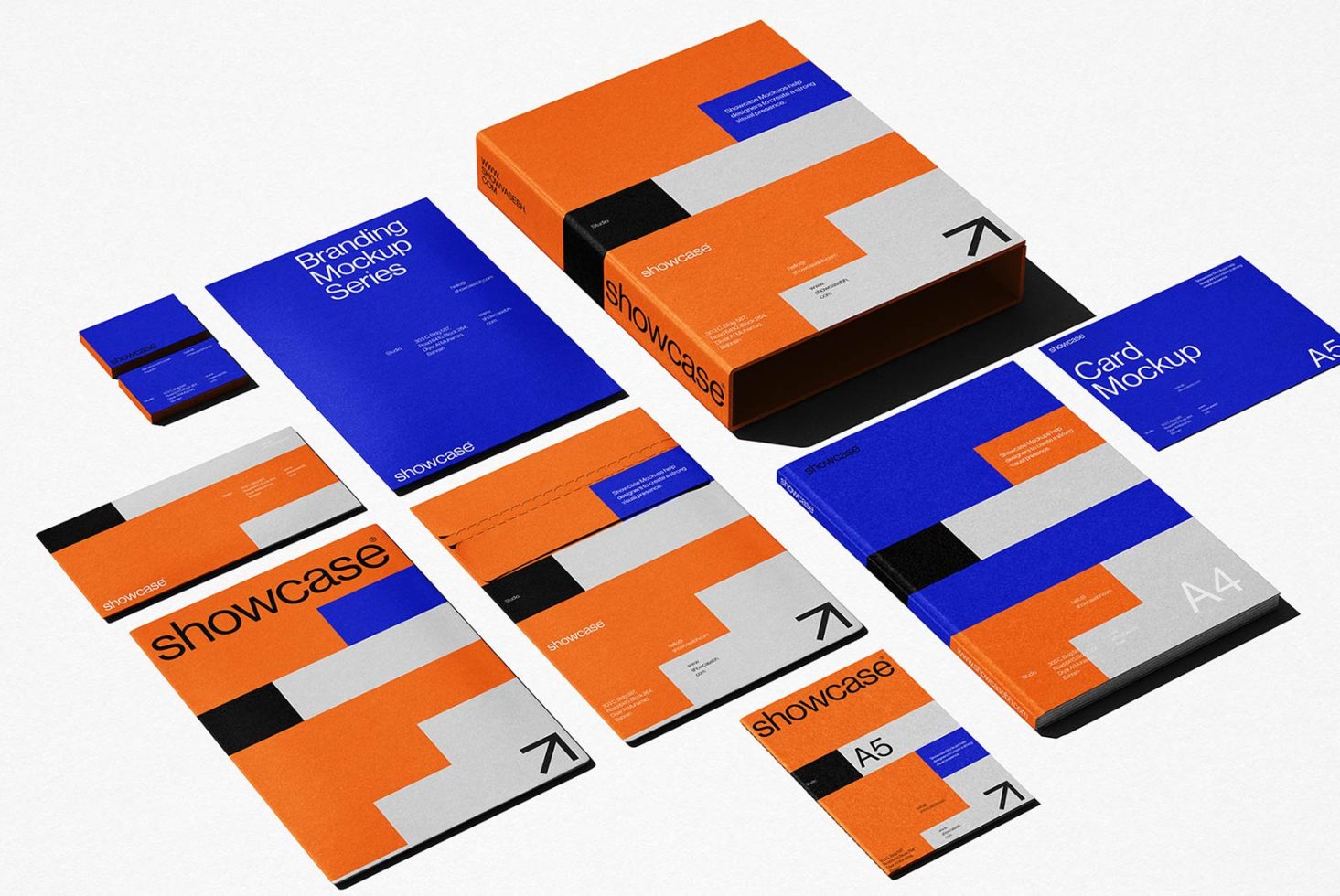 Branding mockup collection featuring business cards, brochures, and packaging in blue and orange for design presentation.